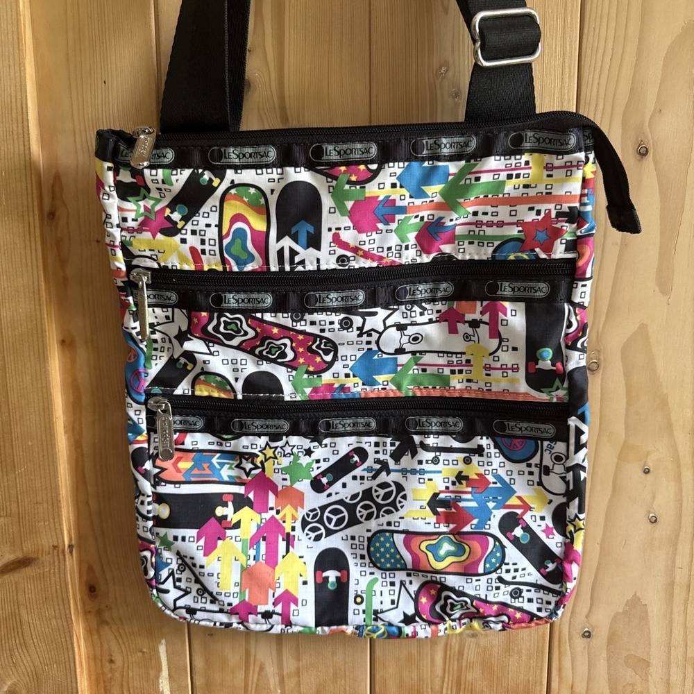 Lesportsac Crossbody Purse Shoulder Bag 3 pocket zipper Skateboards Colorful.